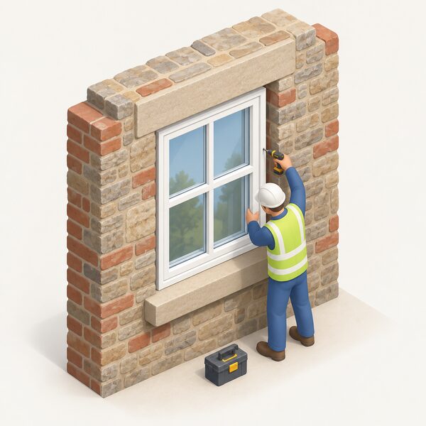 A new double glazed window being fitted into the thick brick opening of a traditional house wall, with a simplified isometric installer figure securing the frame, showing the kind of external alteration councils list as needing listed building consent.