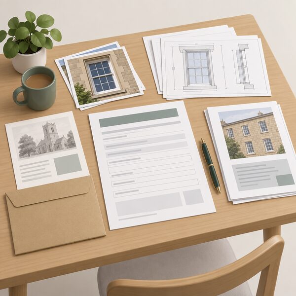 A completed listed building consent application form lying on a table with supporting documents such as drawings and heritage reports, ready to be sent to the local planning authority.