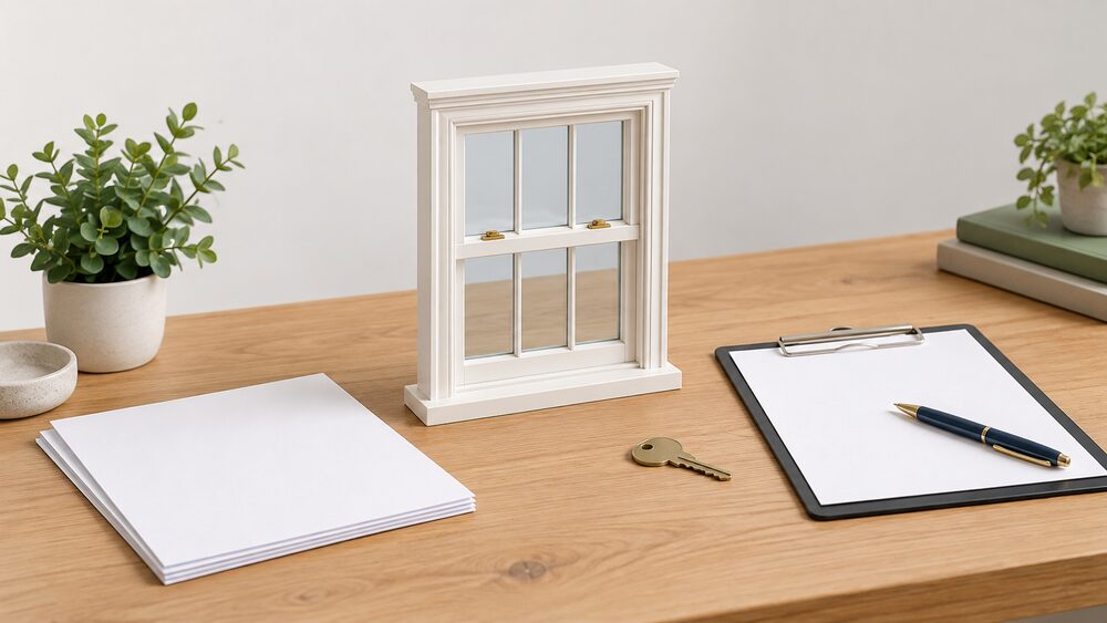 A small model of a sash window with glazing bars sits on a wooden table beside blank application forms, a clipboard with a pen, and a house key, suggesting a listed building consent application prepared before any window is removed.
