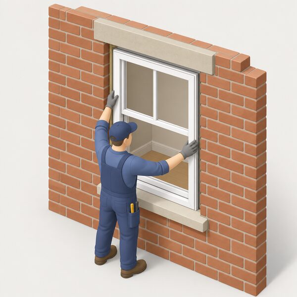A fitter in plain work clothes installing a replacement window frame into an existing external wall opening of a listed brick building, the frame square in the opening with a lintel above, while the old window has been removed.