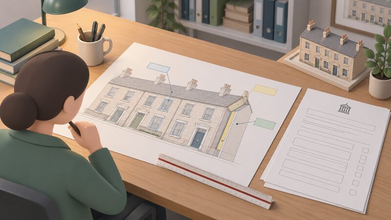 A conservation officer's desk with an annotated elevation drawing of a listed terrace house, showing proposed internal wall insulation and replacement glazing marked with callout notes, a scale rule and a listed building consent application form beside it.