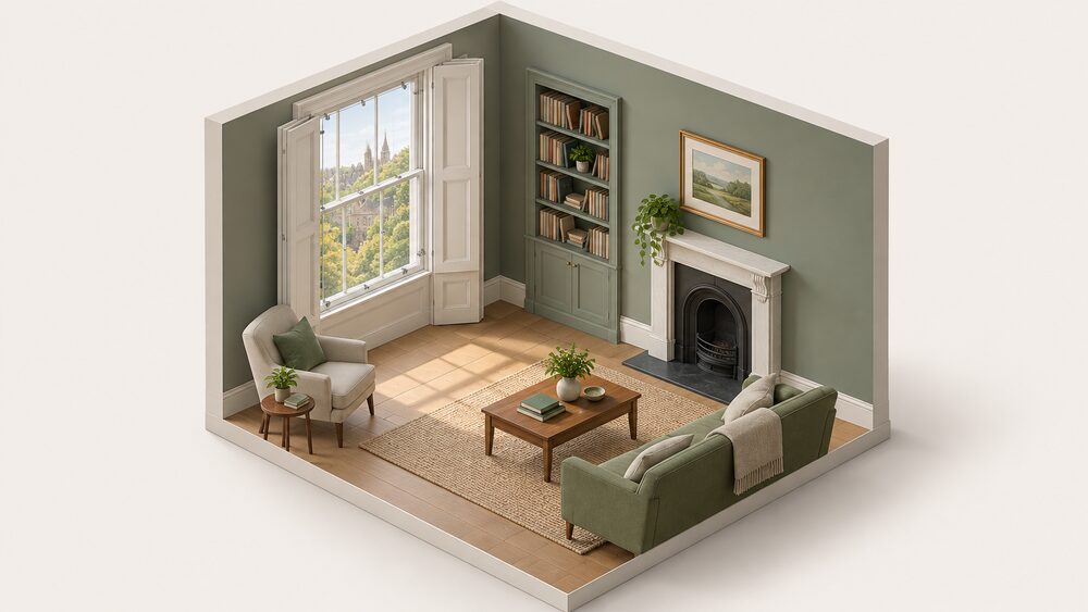 A daylit room in an old listed house with an original sash window fitted with a slim, unobtrusive secondary glazing panel on the room side, leaving the original window and its frame fully visible, with wooden shutters folded open beside the reveal.