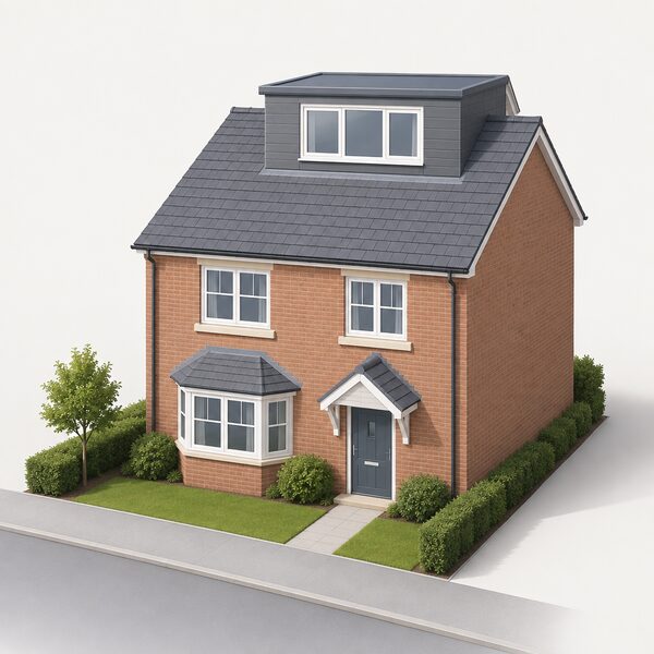 A simple two-storey house shown from the street with a boxy dormer built out from its rear roof slope, visibly altering the original roof shape, with no other work or equipment shown.