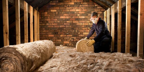 A man wearing a dust mask and gloves unrolling mineral wool loft insulation in a loft with brick walls and wooden joists