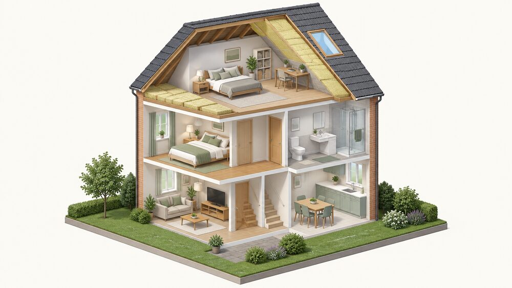 A cutaway of a small house showing the loft converted into a habitable room, with insulation quilt laid between and across the ceiling joists at one end and rigid insulation boards fitted between the sloping rafters, with a roof window in the slope.