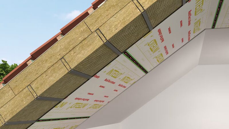 A cutaway diagram of a pitched roof showing Rockwool insulation batts between rafters with an Intelu vapour-control membrane underneath