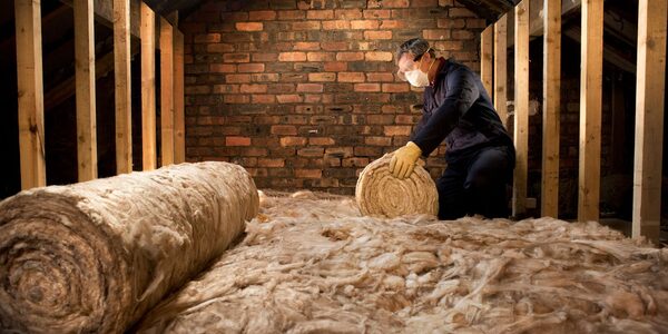 A man wearing a dust mask and gloves unrolling mineral wool loft insulation between wooden joists in an attic