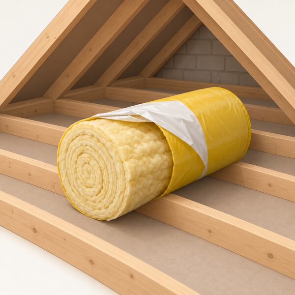 A single wrapped roll of loft insulation lying on the joists of an empty loft space, with its outer wrapping partly peeled back to show the thick quilted material inside, ready to be unrolled and laid between the joists.