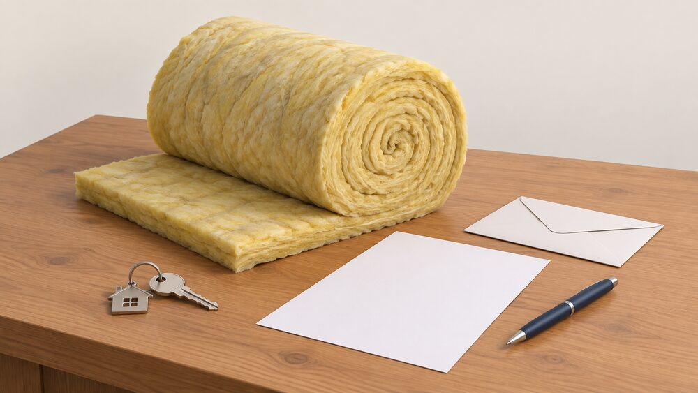 A rolled blanket of mineral wool loft insulation lying on a wooden table beside a blank sheet of paper, a sealed envelope, a pen and a house key, suggesting a tenant seeking a landlord's written consent before insulation work begins.
