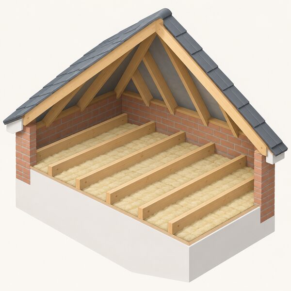 A cutaway view of an empty UK loft showing a thin, shallow layer of insulation sitting between and well below the tops of the timber joists, with bare joist timber rising clearly above the low insulation level and no boarding or storage present.