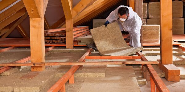 A worker in white protective overalls and a mask laying mineral wool loft insulation between joists in a loft