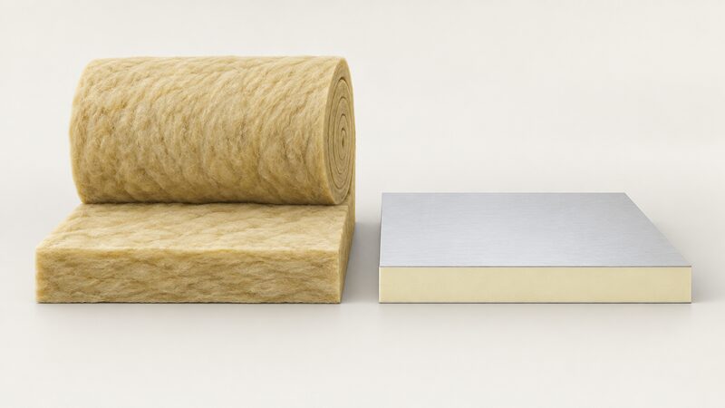 A side-by-side comparison of two cut-away loft insulation samples on a plain surface: a thick roll of mineral wool blanket beside a much thinner rigid PIR board, both shown at the same width so the large difference in depth is immediately visible.