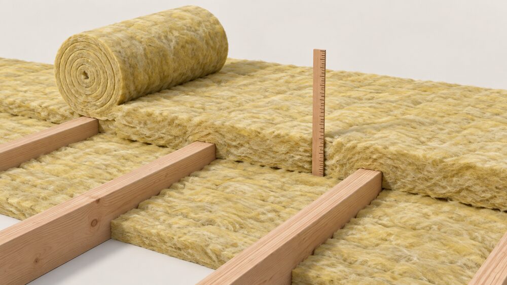 A close-up of a loft floor where a roll of mineral wool blanket is being unrolled across the tops of the joists at right angles over a first layer laid between them, with a wooden ruler pushed down through the insulation to a joist to measure its depth.