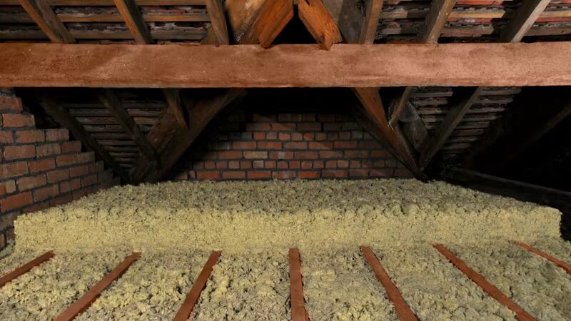 Loft space with mineral wool insulation laid between and over the wooden joists