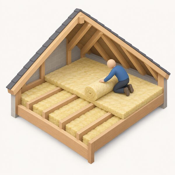 A simplified isometric loft scene showing a first layer of insulation roll laid between the floor joists with a second, thicker roll being unrolled across the joists at right angles by a kneeling figure, the crossways layer covering the joists below.