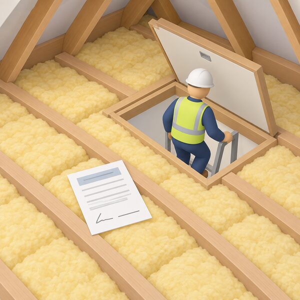 A paper declaration form with blank signature lines lies on top of a layer of loft insulation between the joists, close to the open loft hatch, with a simple isometric figure of an installer stepping back through the hatch after leaving it.