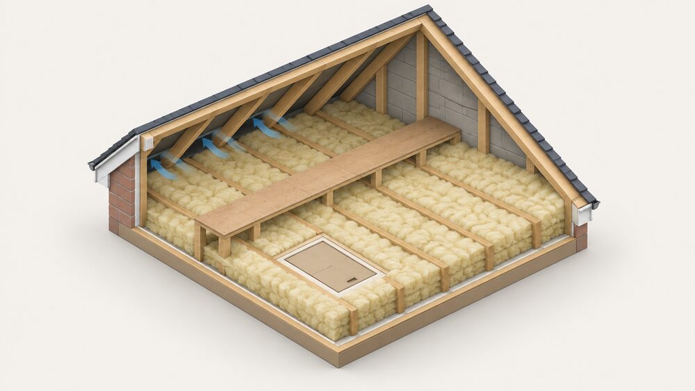 A cold loft space seen in cutaway, with thick mineral wool quilt laid between and over the ceiling joists, a boarded walkway on raised legs, a ventilated eaves gap at the roof edge, and a loft hatch in the floor.