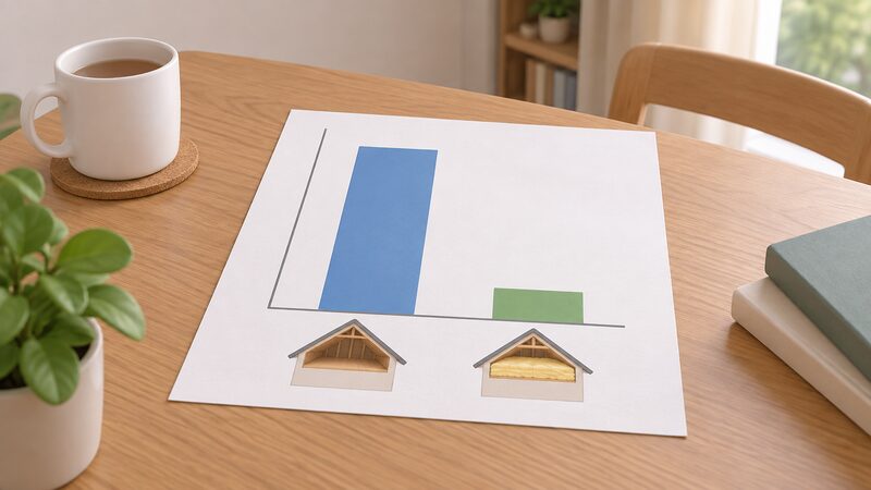 A printed bar chart sheet lying on a table, comparing two plain bars of very different heights: a tall bar for annual savings from a bare loft and a much shorter bar for a top-up from 120mm, with no numbers or words.