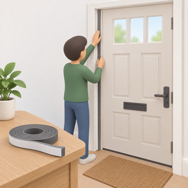 A roll of self-adhesive foam draught stripping tape lying on a table beside an interior front door, with one simplified figure pressing a strip of the foam tape by hand along the door frame's stop where the door closes.