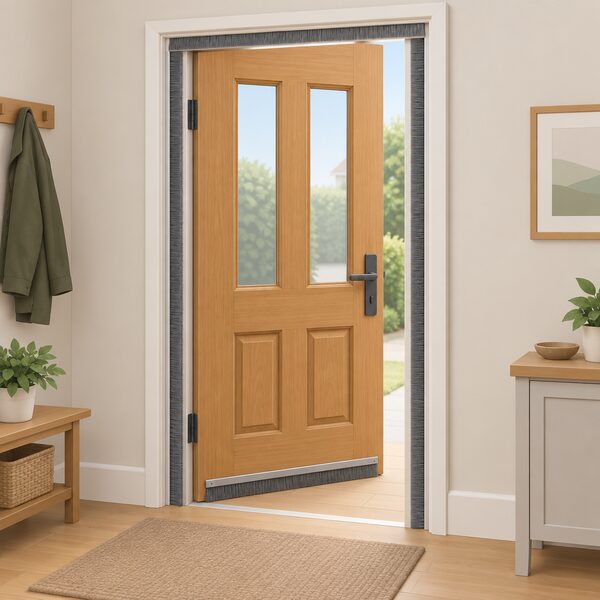 A house front door seen from inside, with a brush strip fitted along its bottom edge and brush strips fitted around the door frame, drawn as a simple cutaway view of the doorway.