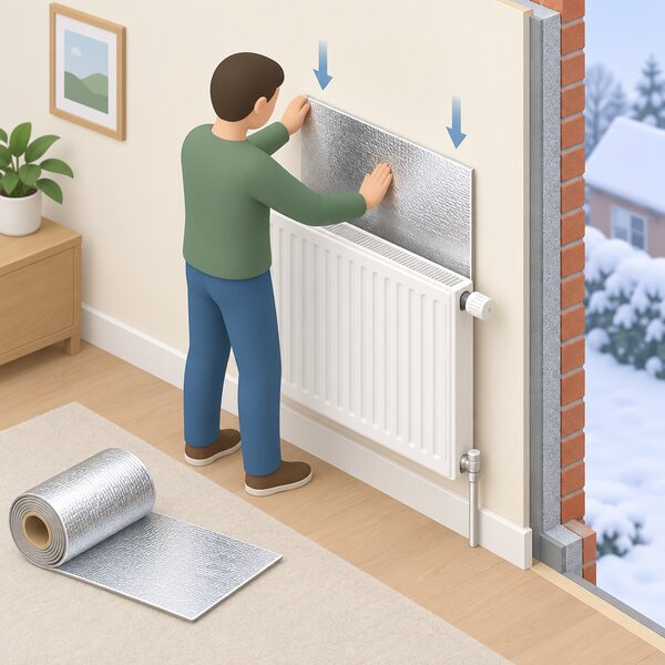 A simplified householder figure slides a cut-to-size reflective foil panel down the gap behind a radiator mounted on an external wall, then presses the sheet against the wall so its adhesive backing sticks securely.