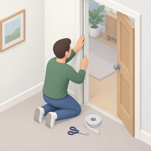 A householder kneeling at an internal door inside a home, pressing self-adhesive draught stripping by hand along the door frame where the door closes against it, with a roll of stripping and scissors nearby on the floor.