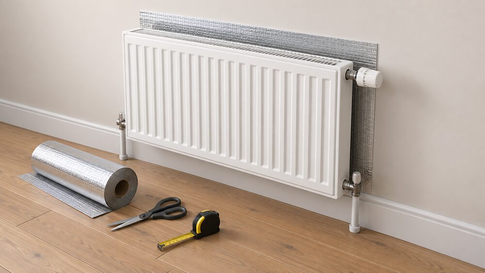 A close-up of a wall-mounted radiator with its reflector panel being pressed into place behind it against the external wall, with a roll of reflective material, scissors and a tape measure resting on the floorboards nearby.