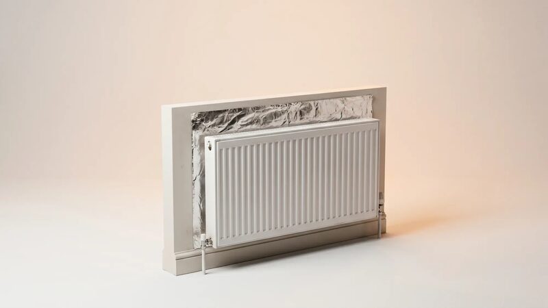 A white panel radiator mounted on a wall section with reflective foil insulation behind it, shown in a studio setting