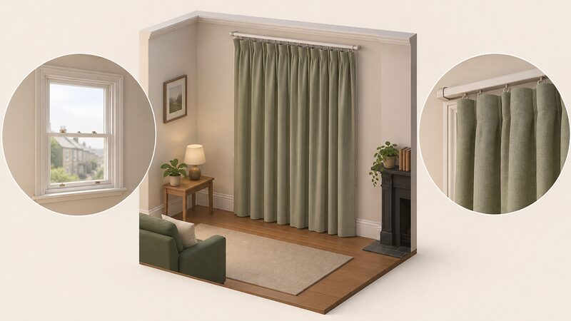A thermal lined curtain fully drawn across a single glazed timber sash window in an older home, hung from a rail above the frame and hanging close to the glass so a layer of still air is trapped between fabric and pane.