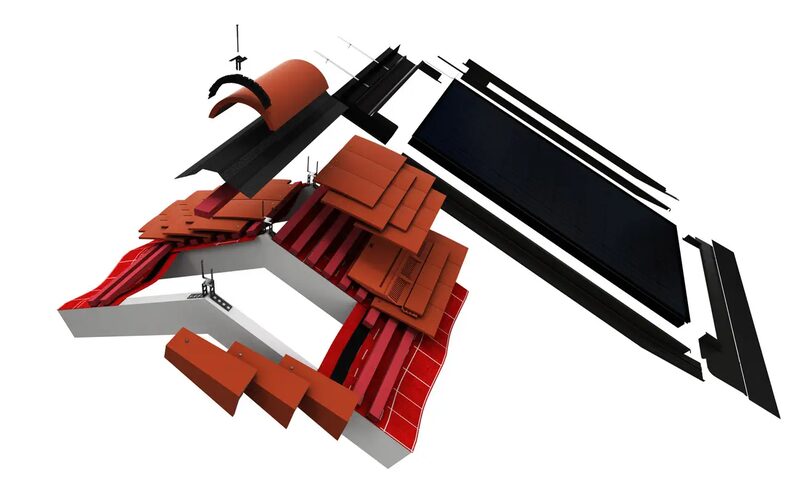 An exploded 3D diagram of the Marley roof system showing roof tiles, battens, underlay and an integrated solar panel assembly