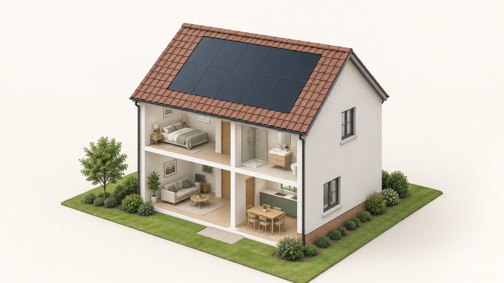 A pitched house roof seen from outside, with dark roof-integrated solar panels set flush among the surrounding tiles, replacing a section of the tiling rather than sitting above it, with a dry-fix ridge along the top and the rest of the house simply suggested below.