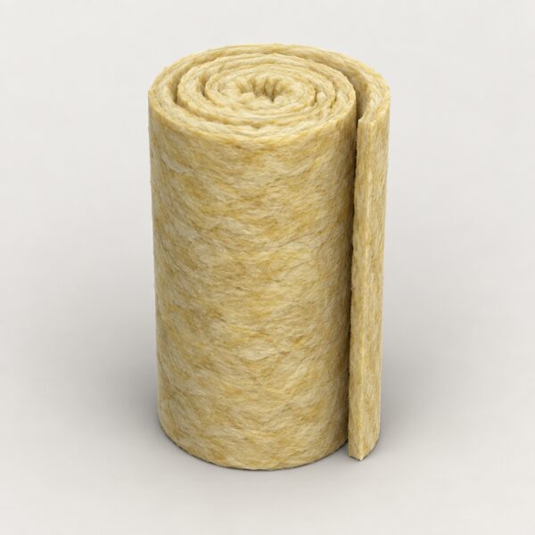 A single roll of flexible, fibrous mineral wool insulation mat standing upright on a plain floor, its cut end showing the cotton wool like fibrous texture, with no packaging, text or branding anywhere in the scene.