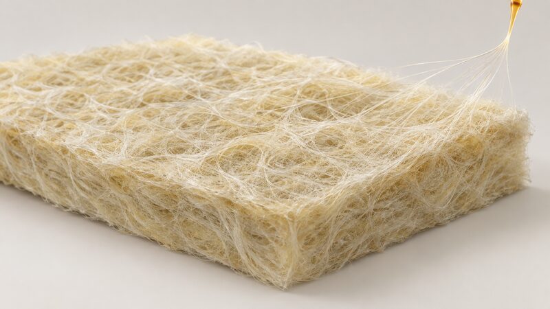 An extreme close-up of a mat of mineral wool, showing pale tangled glassy fibres spun into a dense interlocking web, with a few fibres drawn as if freshly spun from a thin molten thread at one edge.