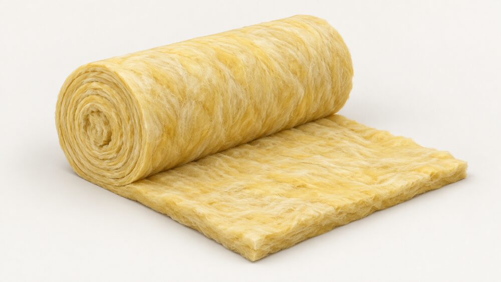 A close-up of a single roll of yellowish mineral wool insulation lying on a plain surface, its fibrous cotton-wool-like mat partly unrolled to show the flexible fibrous texture, with no other objects around it.