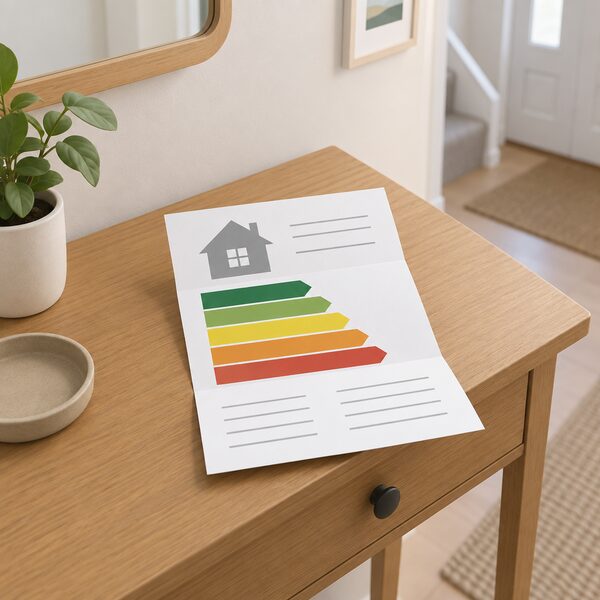 A folded EPC certificate sheet lying on a table in a rented home's hallway, its front showing a plain colour band marking the rating band, with blank lines for the property details and no readable words or numbers.