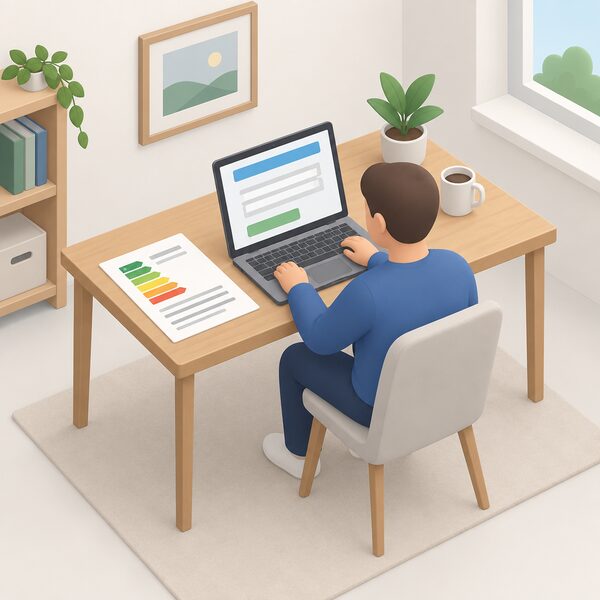 A simplified isometric landlord seated at a desk in a home setting, entering exemption details on a laptop screen shown as blank lines and plain colour blocks, with a printed energy performance certificate sheet lying on the desk beside the computer.