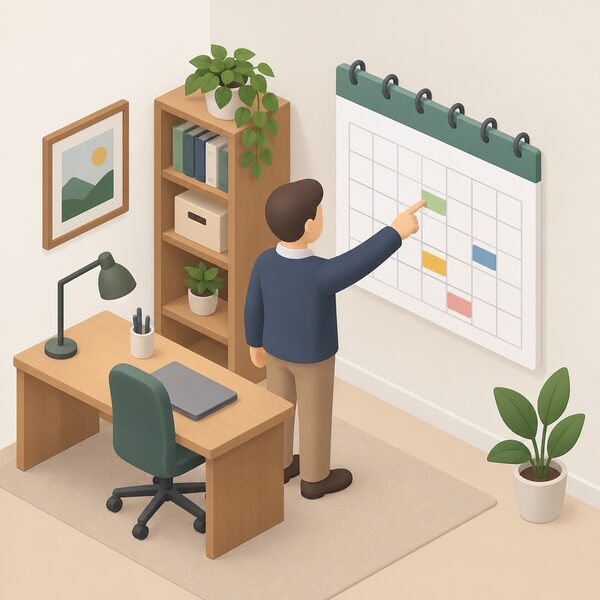 A wall calendar hanging in a landlord's home office, drawn as a physical object with plain colour bands marking several proposed future dates, a simplified isometric landlord figure pointing at one marked square, with no readable numbers or words anywhere on it.
