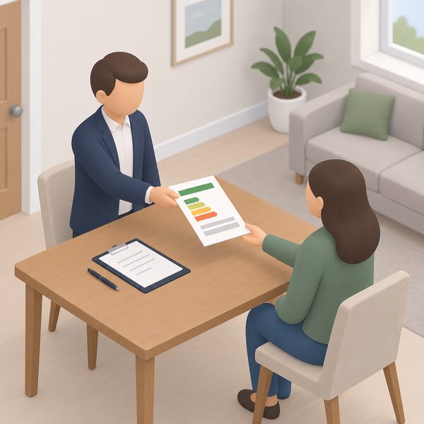 A landlord passing a printed EPC document, shown as a physical sheet with plain colour bands and blank lines, across a table to a prospective tenant before signing, in a simply furnished room of the home being let.