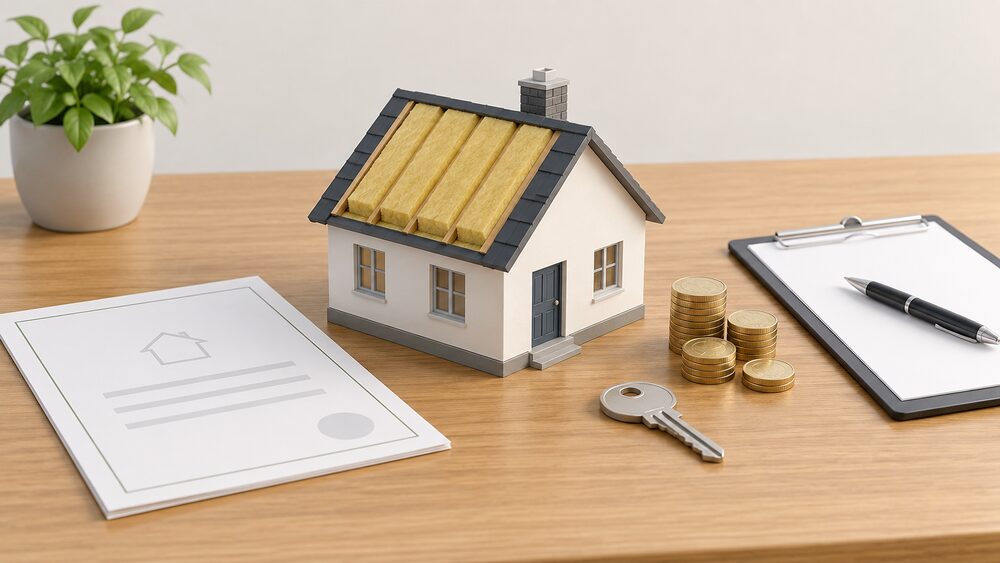 A small model of a house with a thick layer of loft insulation sits on a wooden table beside a blank energy certificate document, a front-door key, a stack of coins and a clipboard with a pen, all lit by plain daylight.