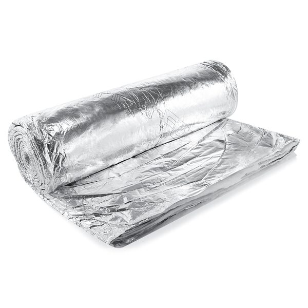 A partially unrolled roll of reflective foil multifoil insulation on a white background