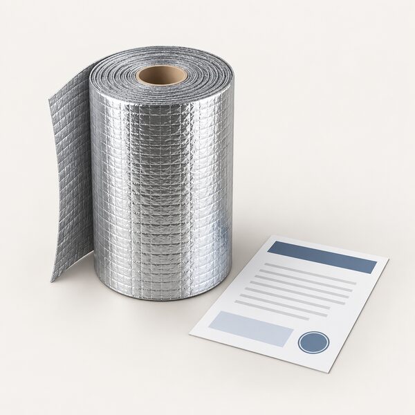 A roll of reflective foil insulation standing on a plain surface with a UKCA certificate document lying flat beside it, the certificate shown as a physical sheet with blank lines and plain colour bands carrying no readable content.