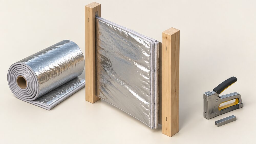 A close-up of a thin multifoil insulation blanket, shiny foil layers with wadding visible at its cut edge, stretched between timber battens that hold a still air gap on both sides, with a staple gun and roll of foil blanket nearby.