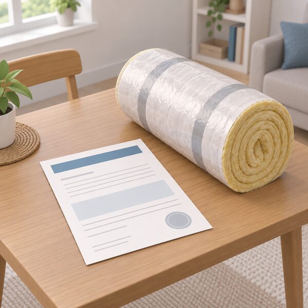 A printed warranty certificate document lying flat on a table in a home setting, shown as a physical sheet with blank lines and plain colour bands instead of readable text, beside a rolled length of insulation material to make clear it is the certificate for the insulation installation.
