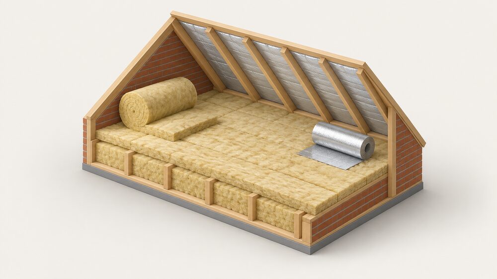 A cutaway loft interior showing thick mineral wool laid between the ceiling joists with a second layer covering them, while a thin multifoil blanket is fitted between the sloping rafters, with a roll of each material resting on the joists.