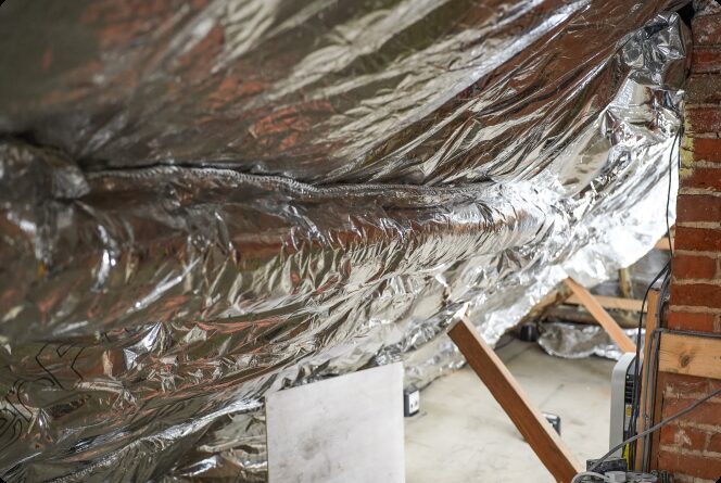 Reflective multifoil insulation fitted under the rafters of a pitched roof in a loft space