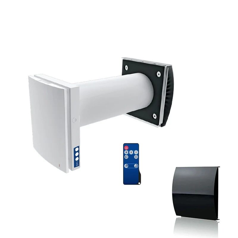 A Blauberg VENTO-DUO decentralised single room heat recovery unit shown with its remote control and black external cowl on a white background