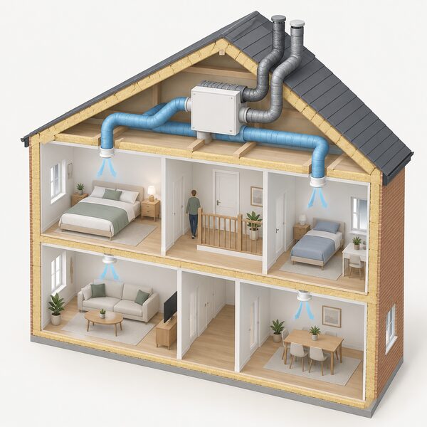 A cutaway house interior showing an MVHR heat recovery unit mounted inside the insulated envelope, with insulated ducts running from it to supply terminals in the rooms, one duct run shown lagged along its length.
