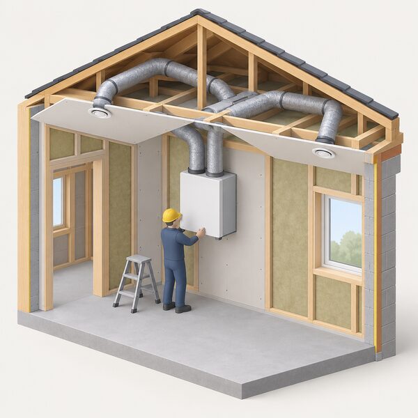 An unfinished new-build room where an installer fits a whole-house MVHR unit on a wall, with insulated supply and extract ducts running from it through the ceiling void to valves in the ceilings, the airtight shell of the new home visible around the work.