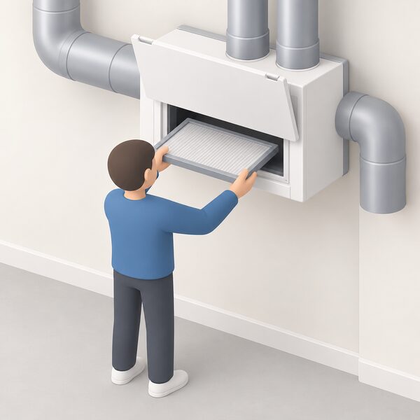 A simplified isometric figure lifts the front access cover of a wall-mounted MVHR unit and slides out a flat filter panel, holding it up to inspect it for cleaning or replacement during routine maintenance.