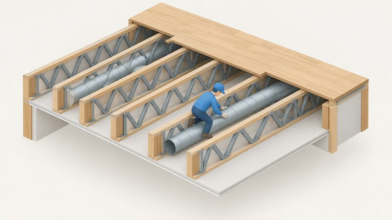 A cutaway view of an upper floor showing round MVHR ducts running through the open web voids of engineered metal-web joists between the ceiling below and the floorboards above, with one small isometric figure guiding a duct length along the route.